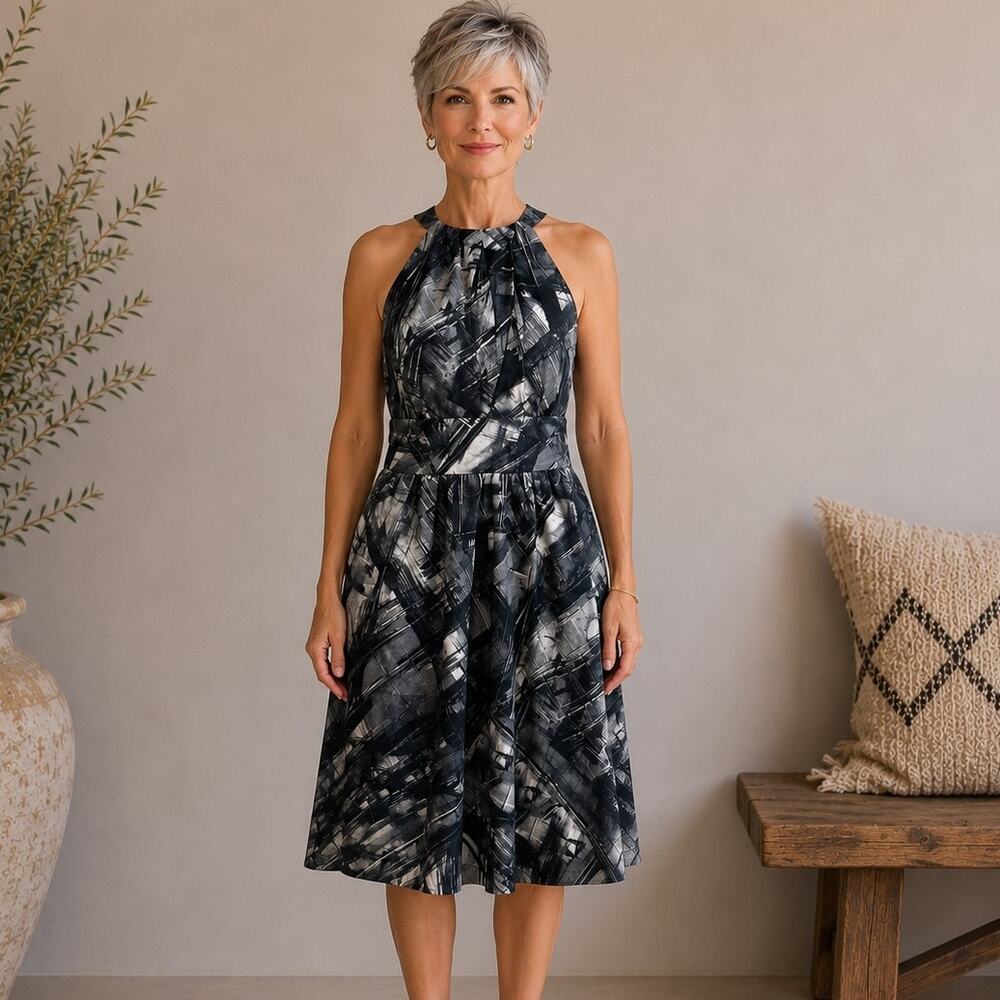 Martin  + Osa Gray Abstract  Print Silk Sheath  Dress 10